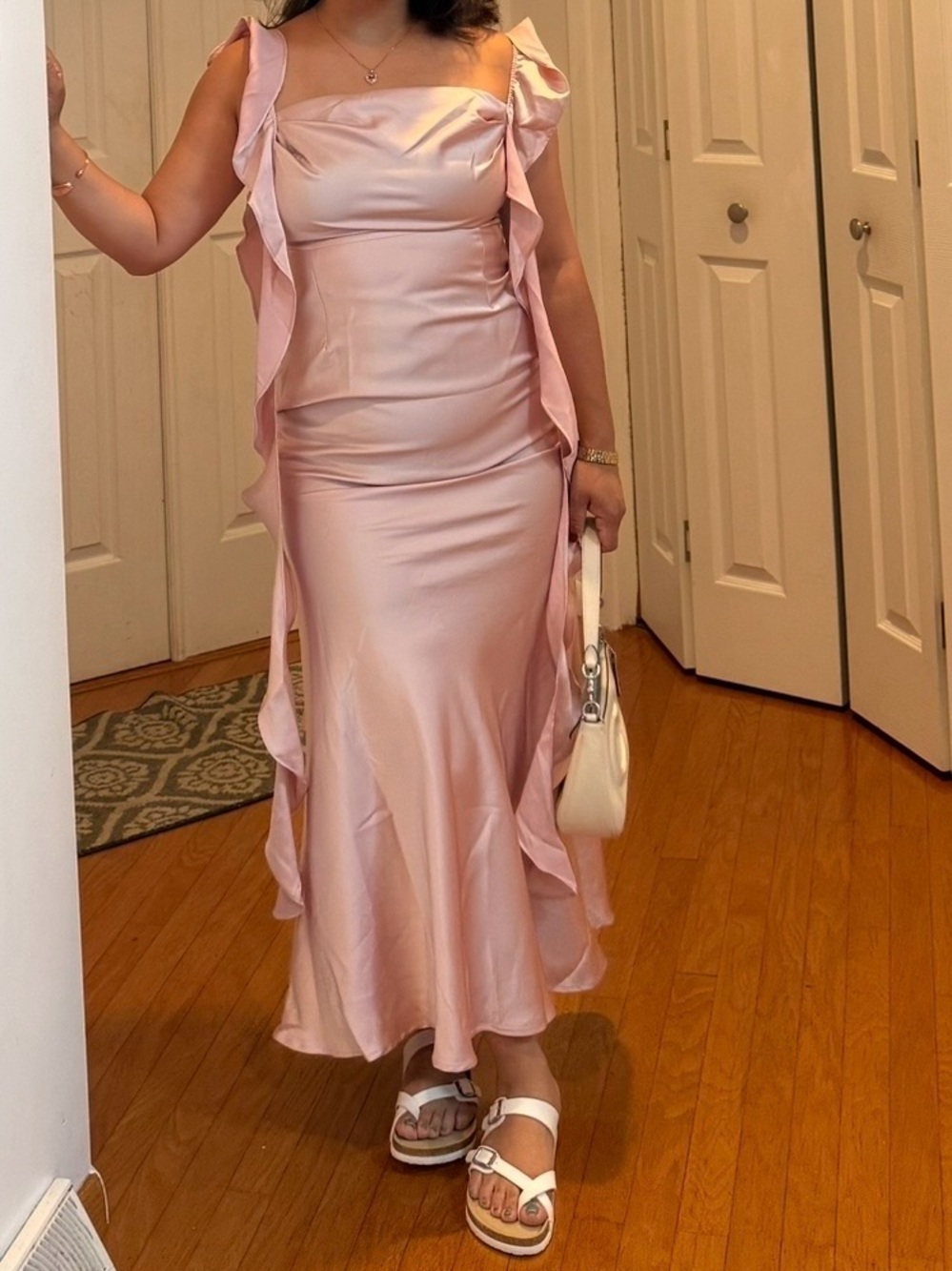 Cider Cowl Neck Solid Ruffle Hem Ruched Maxi Dress Ruffle Hem Ruched Pink Maxi - Picture 5 of 5